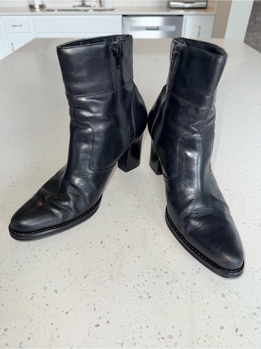 Vintage Black Leather Ankle Block Heel Boots - Picture 2 of 12